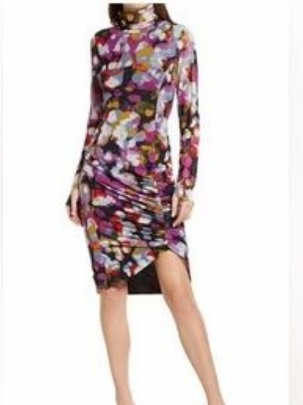 Open Edit Abstract Print Mesh Mock Neck Midi Dress Multi-Color - Women’s Size XL